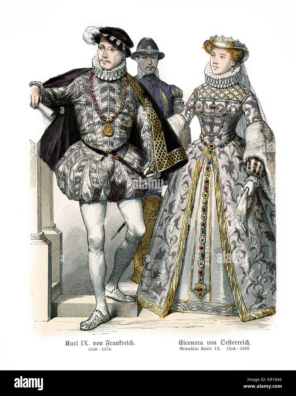 La moda del XVI secolo, re Carlo IX di Francia ed Elisabetta d'Austria, regina di Francia, sua moglie Foto Stock