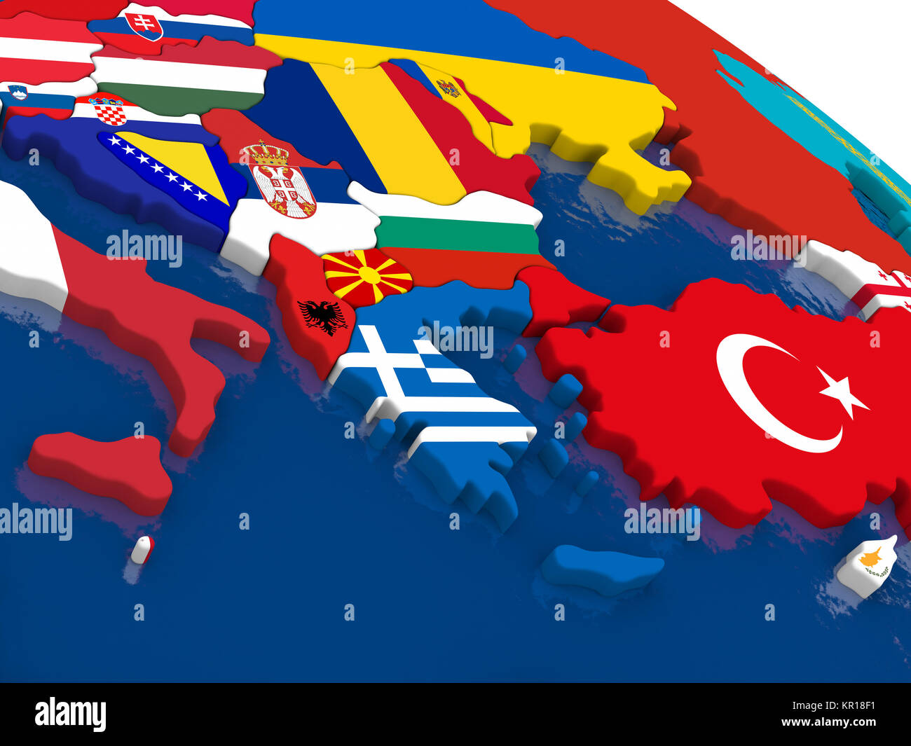 La Grecia sulla mappa in 3D con le bandiere Foto Stock