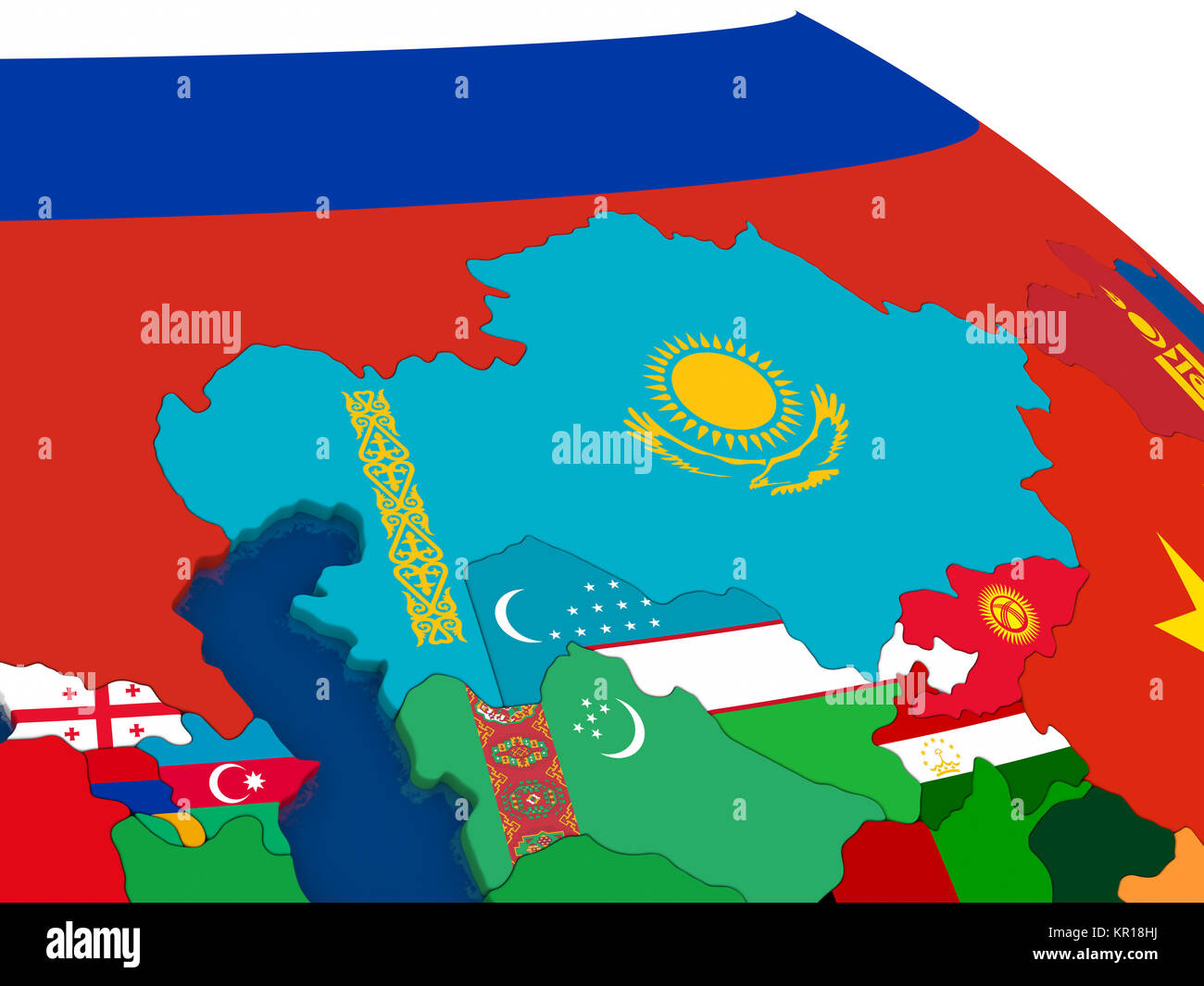 Il Kazakistan sulla mappa in 3D con le bandiere Foto Stock
