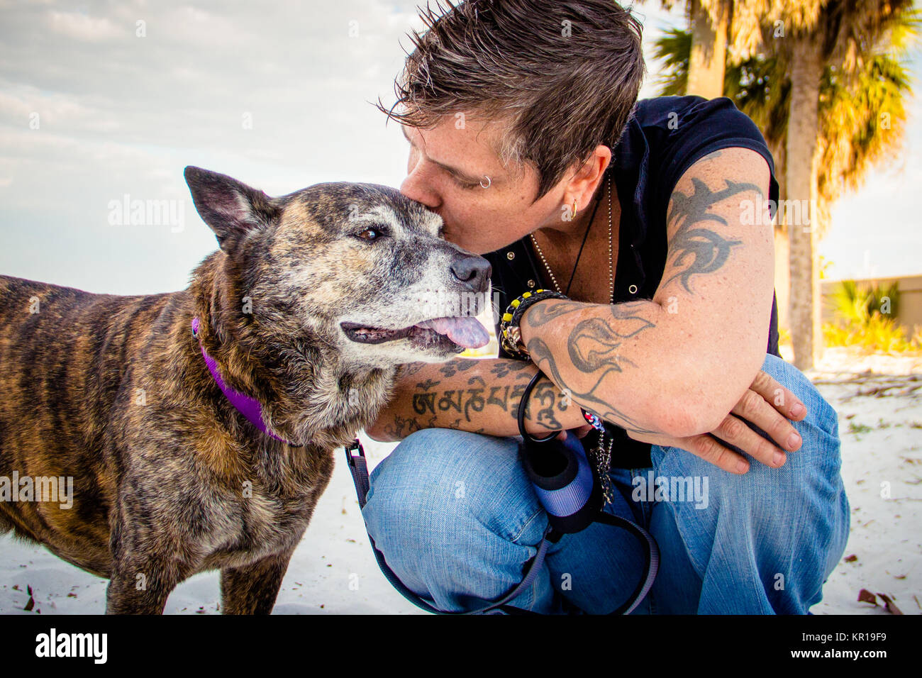 Donna sulla spiaggia baciando il suo cane pitbull, San Pietroburgo, Florida, Stati Uniti Foto Stock