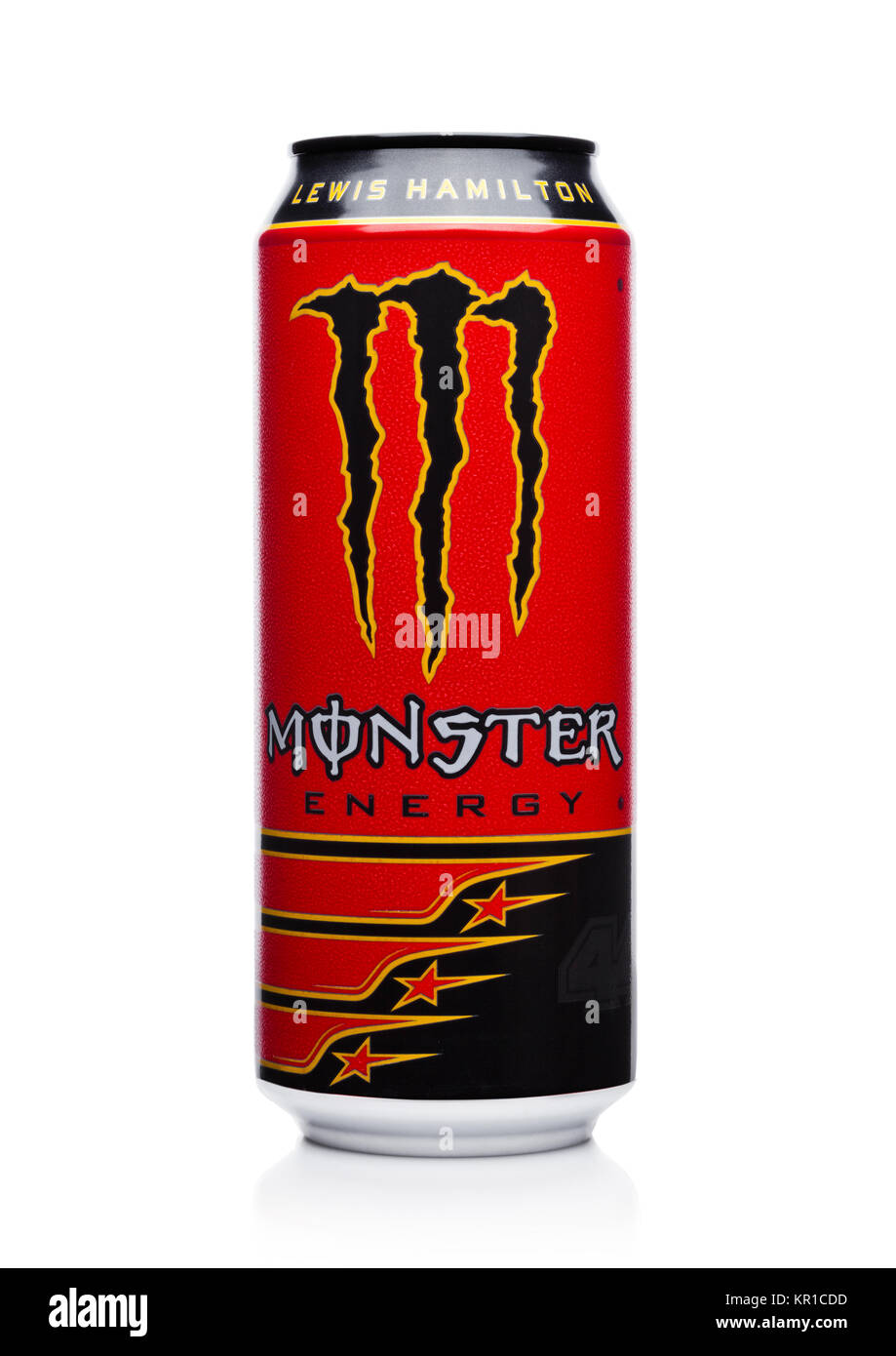 LONDON, Regno Unito - 15 dicembre 2017: una lattina di Monster Energy Drink Lewis Hamilton edition su sfondo bianco. Introdotto nel 2002 Monster ha ora oltre 30 d Foto Stock