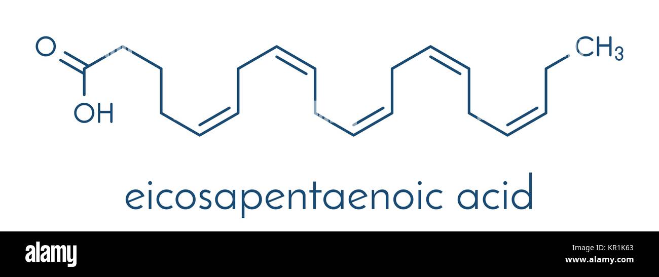 Acido Eicasapentaenoic (EPA, acido timnodonic molecola). Polinsaturo Omega-3 acido grasso, presente nell'olio di pesce. Formula di scheletro. Illustrazione Vettoriale