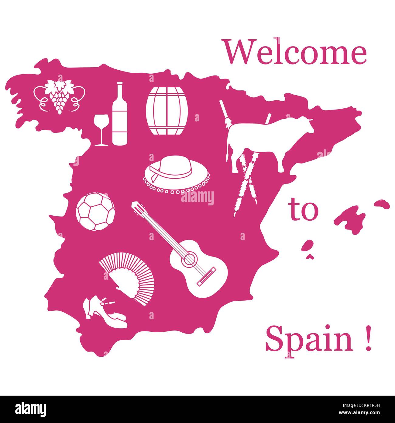 Illustrazione Vettoriale con vari simboli della Spagna. Viaggi e tempo libero. Design per banner, poster o di stampa. Illustrazione Vettoriale