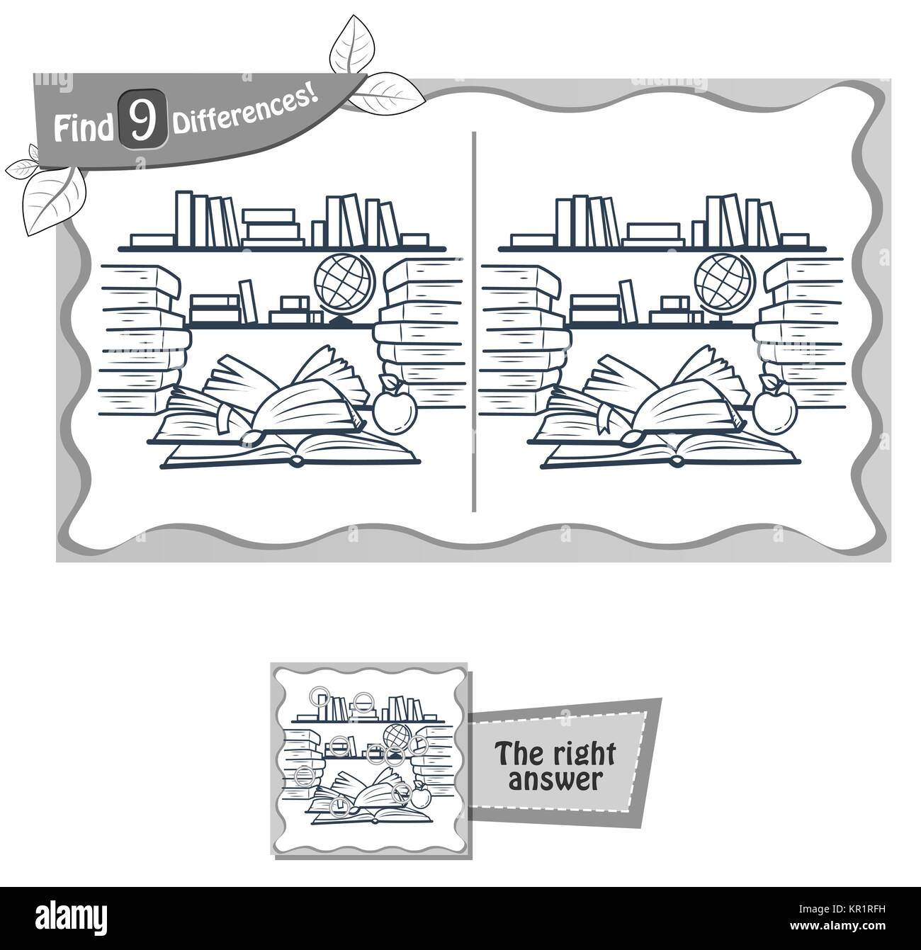 Visual gioco per bambini e adulti. Il compito di trovare 9 differenze nell'illustrazione biblioteca scolastica. in bianco e nero illustrazione vettoriale Illustrazione Vettoriale