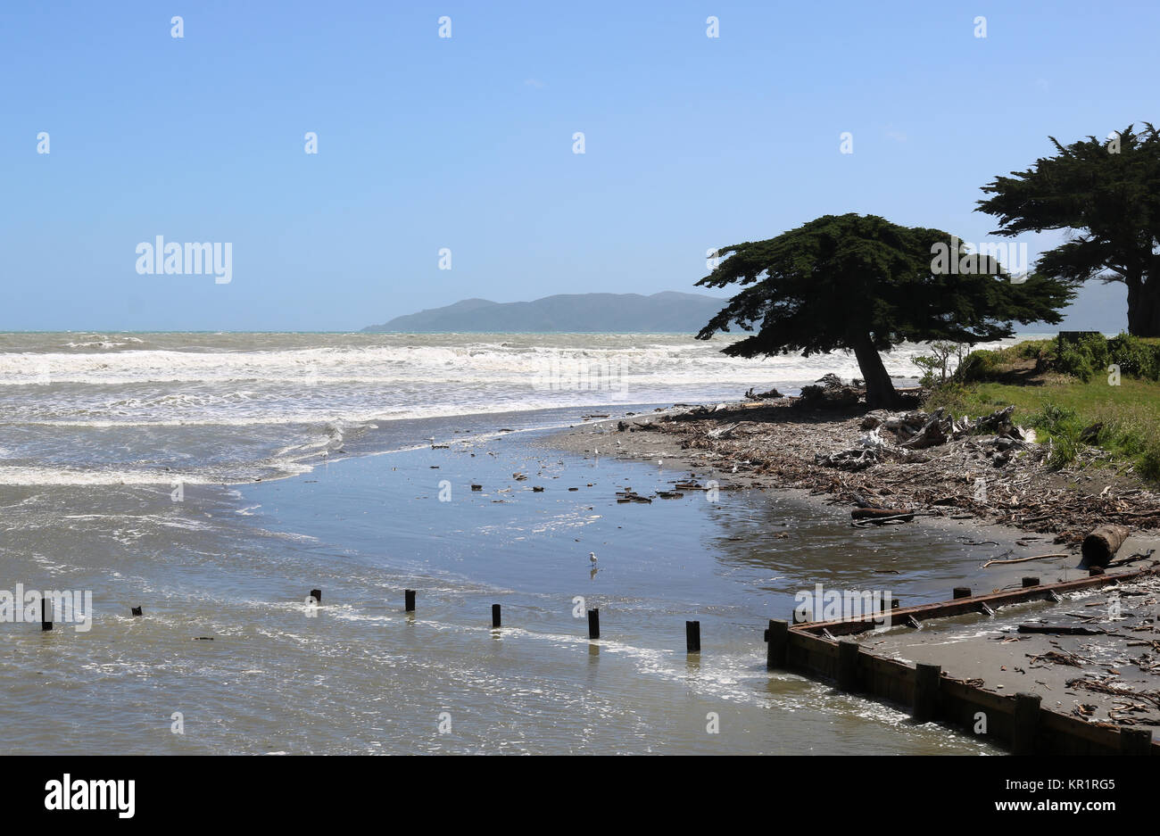 Alta Marea a Raumati Beach sulla Costa di Kapiti della Nuova Zelanda in una giornata di vento con isola Kapiti visibili al di là delle forme d'onda nella bocca del flusso Wharemauku Foto Stock