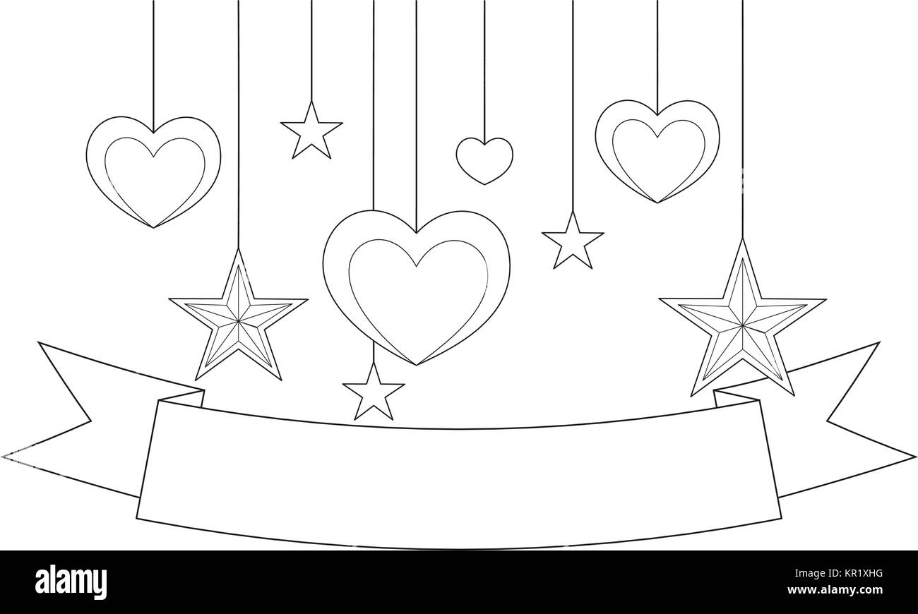 In bianco e nero poster - nastro, cuori e stelle. Illustrazione Vettoriale