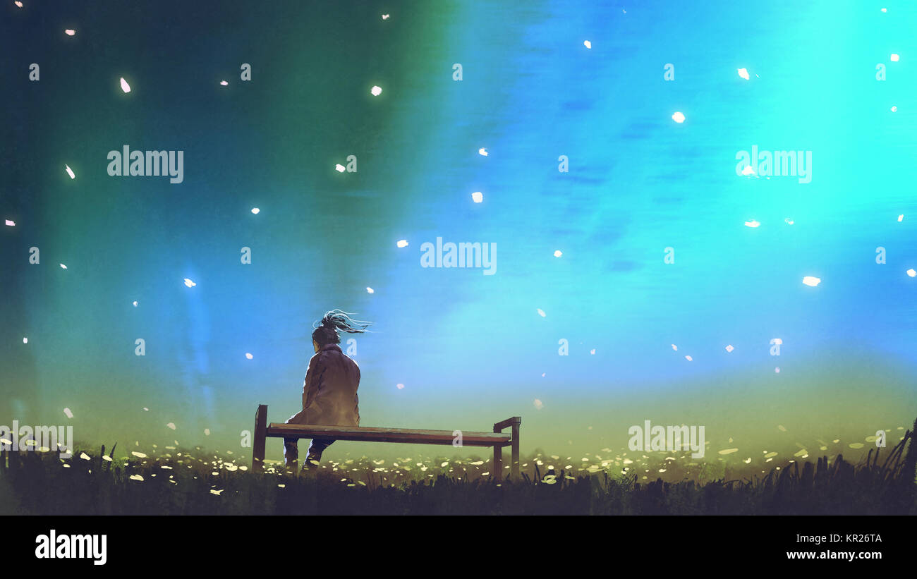 Giovane donna seduta su una panchina contro il bellissimo cielo, arte digitale stile, illustrazione pittura Foto Stock