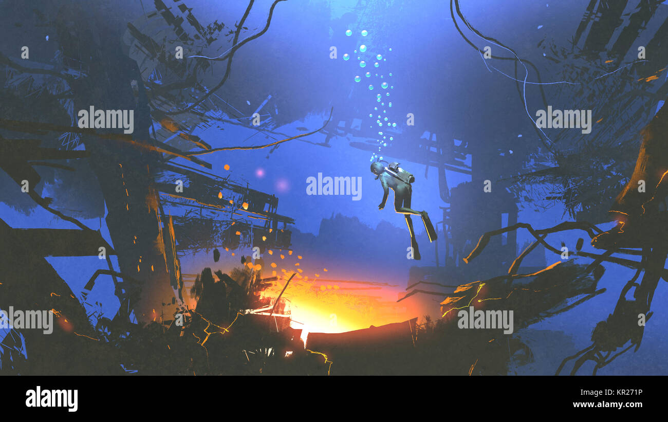 Fantasy scena subacquea del subacqueo trovato una misteriosa luce durante le immersioni, arte digitale stile, illustrazione pittura Foto Stock