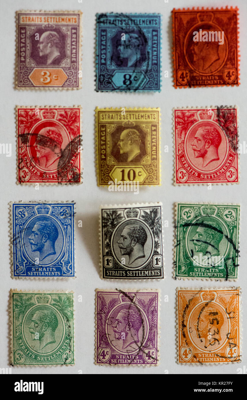 Francobolli da ex colonie britanniche nel sud est asiatico (insediamenti dello stretto) Foto Stock