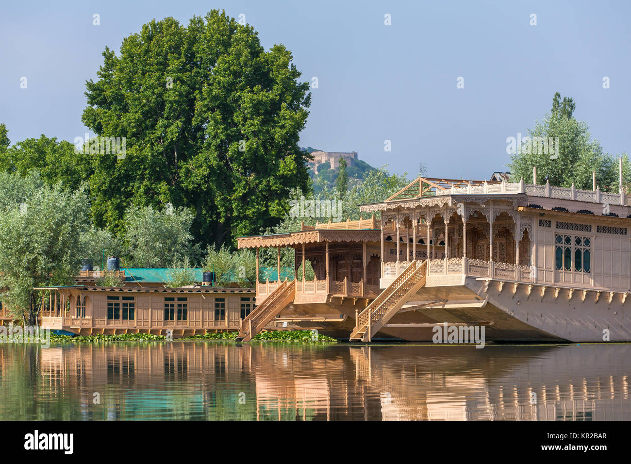 Case galleggianti tradizionali su dal lago in Srinagar Kashmir, India Foto Stock