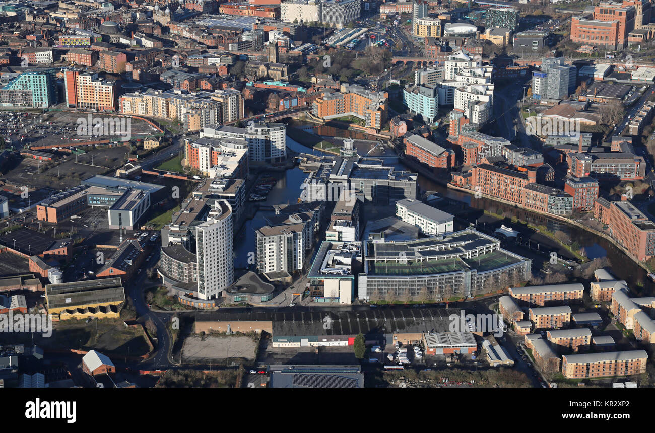 Vista aerea del Dock di Leeds, precedentemente Clarence Dock,appartamenti e negozi, Leeds, Regno Unito Foto Stock