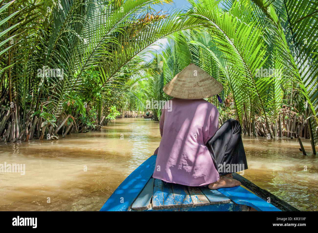 Donna vietnamita paddling una barca tradizionale nel delta del Mekong a ben tre isola. Il fiume Mekong è una strada di grande importanza per i trasporti nel sud-est Foto Stock