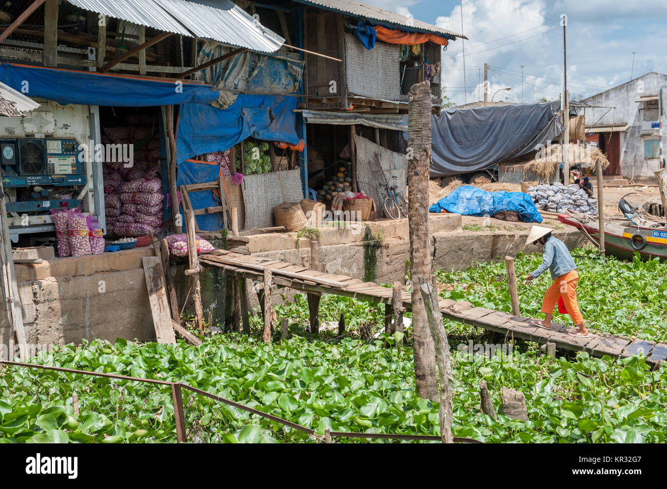 Ben tre, Vietnam - Marzo 7, 2009: donna vietnamita trasporta merci di un magazzino nel delta del Mekong. Il delta del Mekong è un importante destinazione turistica t Foto Stock