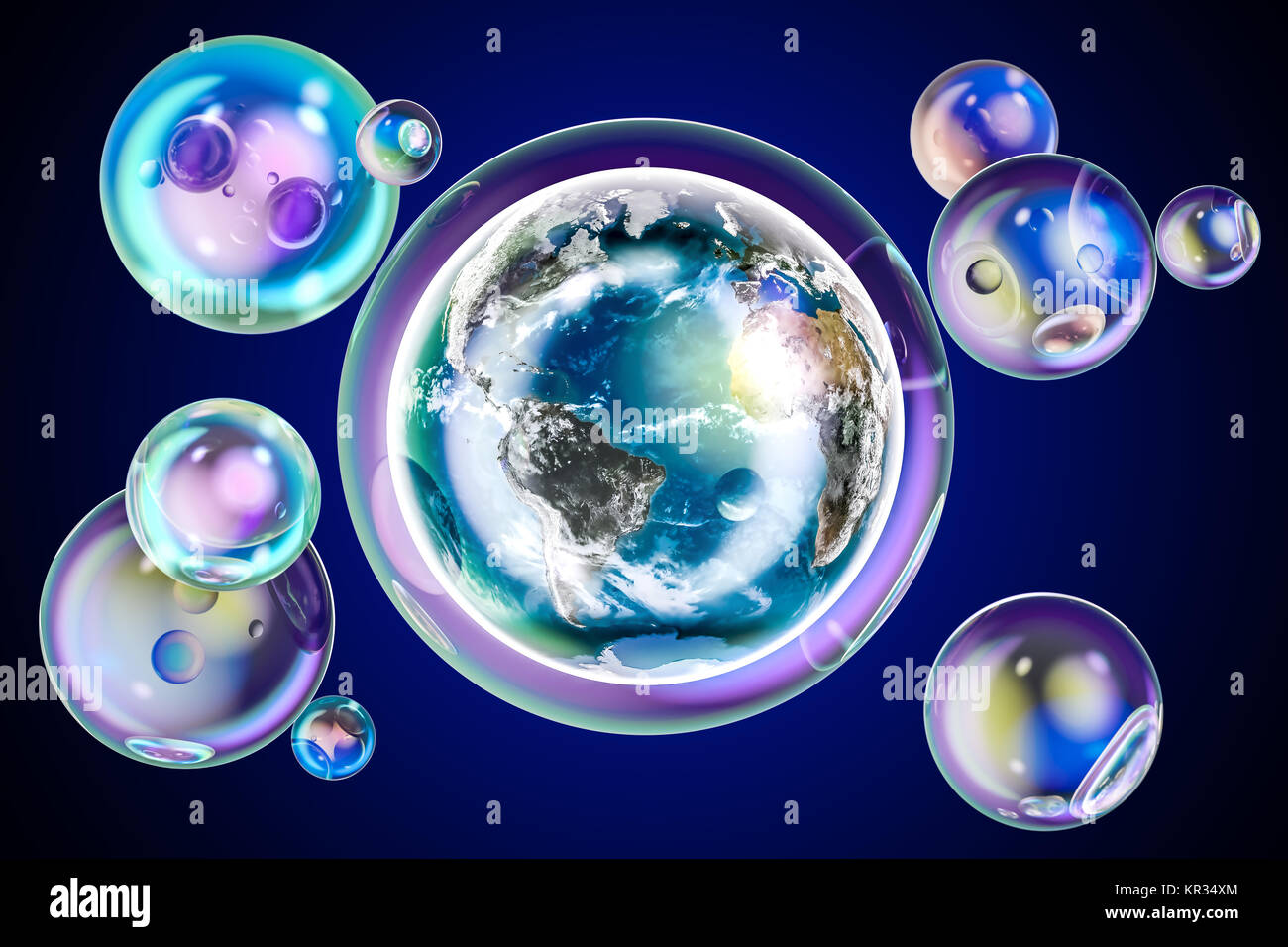 Globo terrestre all'interno della bolla di sapone. Il concetto di ambiente, rendering 3D Foto Stock