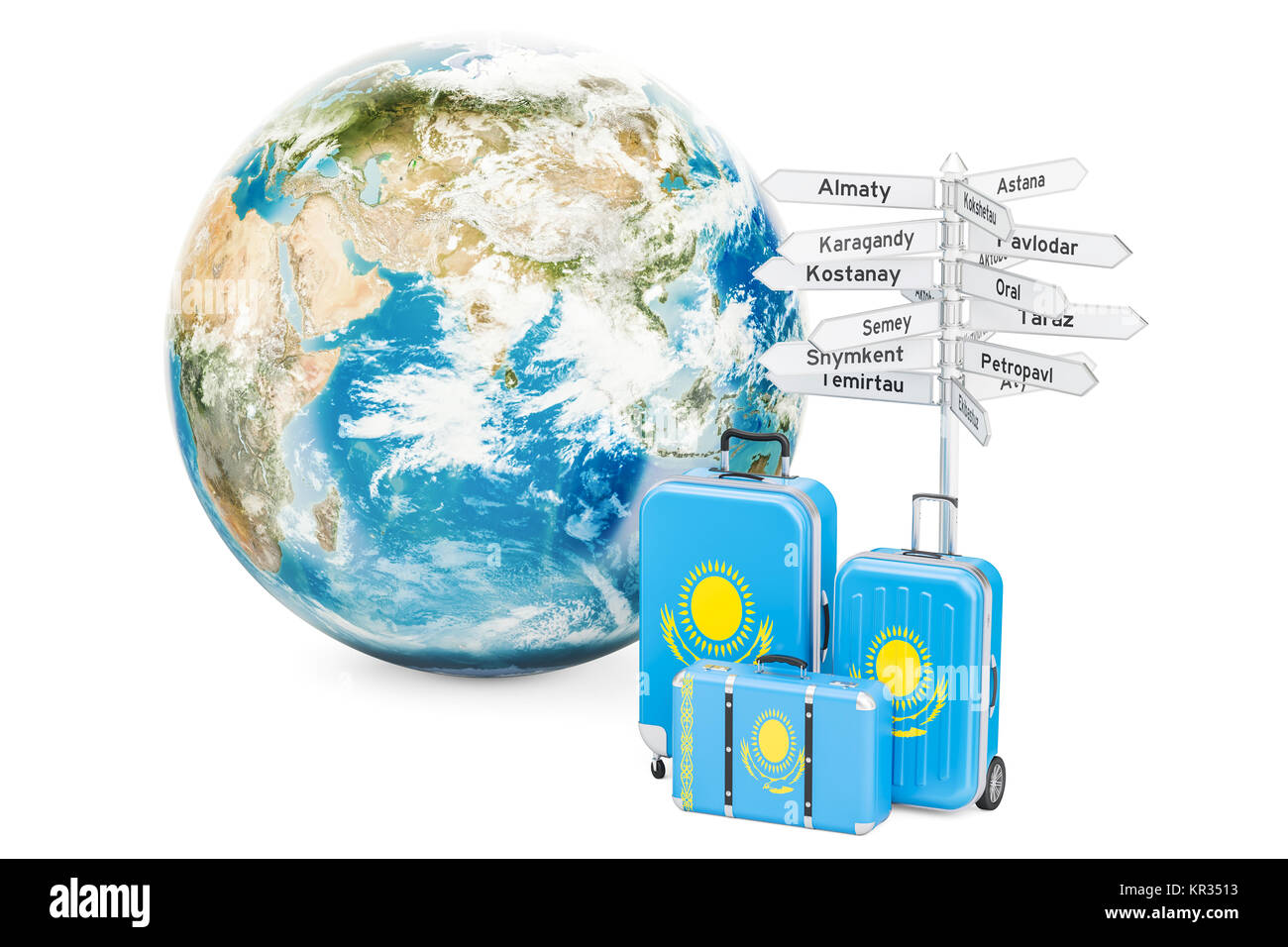 Il Kazakistan concetto di viaggio. Valigie con segnaletica e globo terrestre, rendering 3D Foto Stock