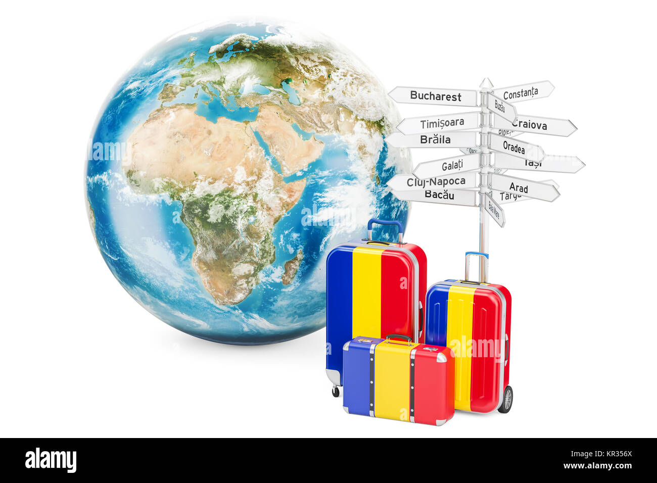 La Romania concetto di viaggio. Valigie con segnaletica e globo terrestre, rendering 3D Foto Stock