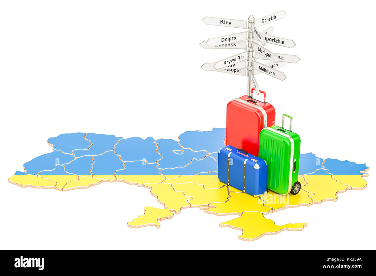 L'Ucraina concetto di viaggio. Mappa ucraino con le valigie e segnaletica, rendering 3D Foto Stock