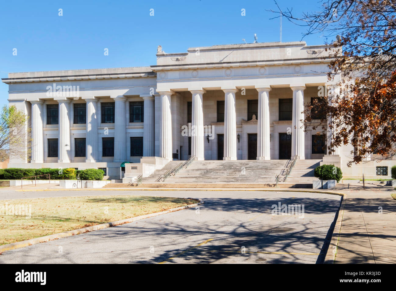 Il Rito Scozzese della massoneria tempio, neo classica architettura con colonne doriche in Guthrie, Oklahoma, Stati Uniti d'America. Foto Stock