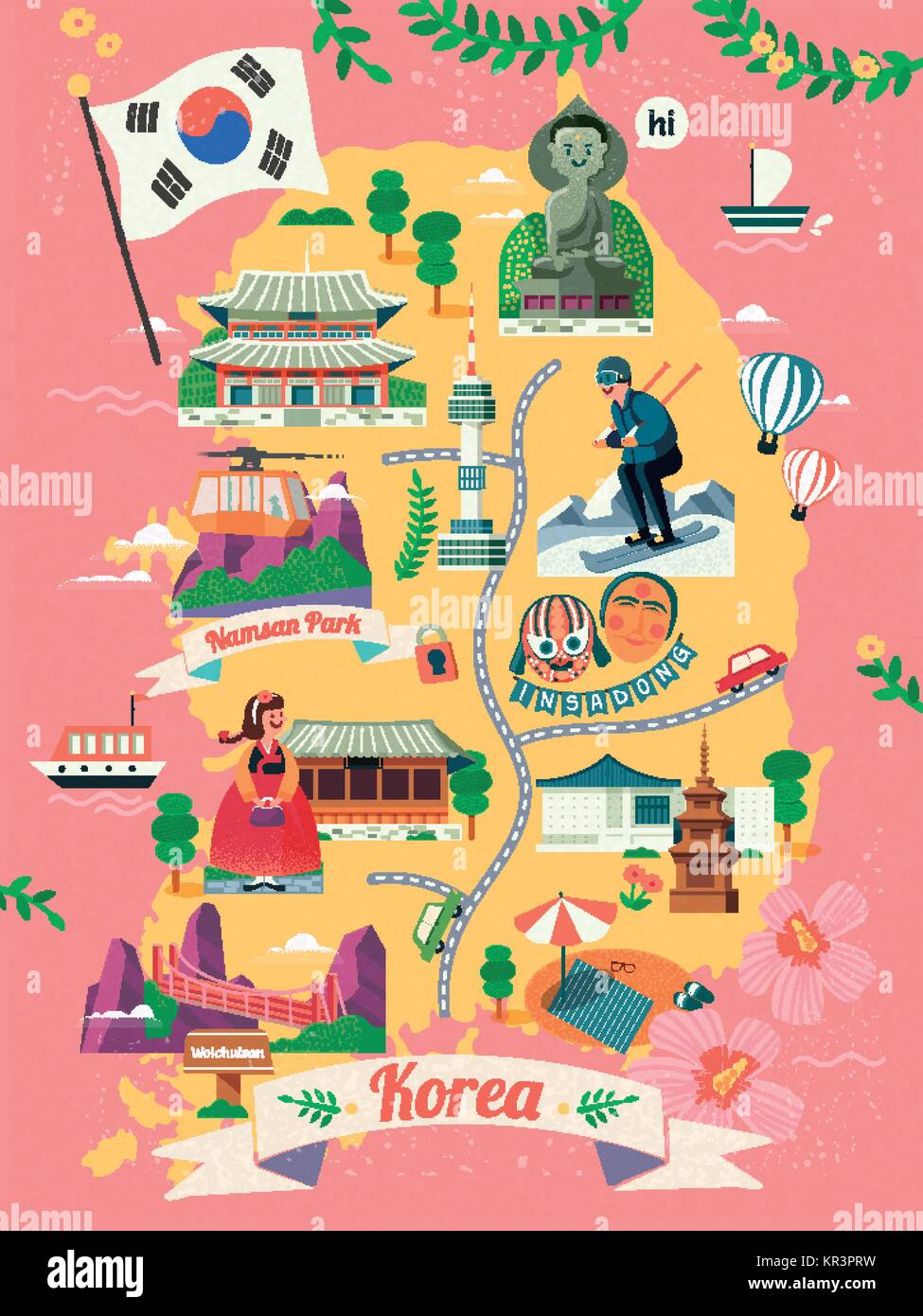 Corea mappa di viaggio, bella Corea famoso punto di riferimento e la cultura simbolo sulla mappa in design piatto, sfondo rosa Illustrazione Vettoriale