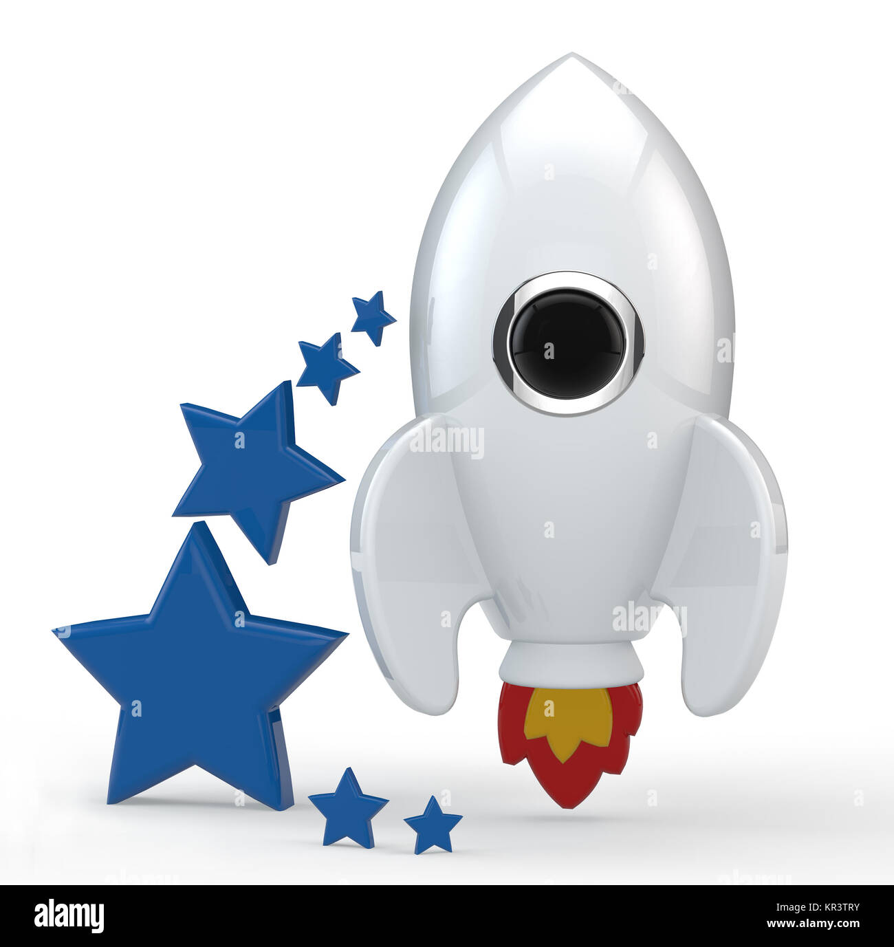 3D render simbolico di razzo bianco con fiamme Foto Stock