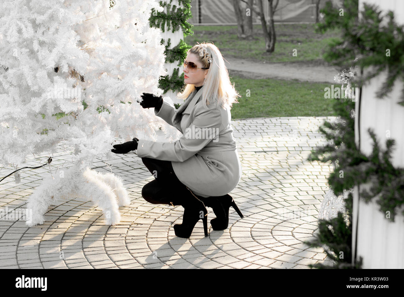 La bella donna in un cappotto grigio seduto vicino a un bianco abete Foto Stock