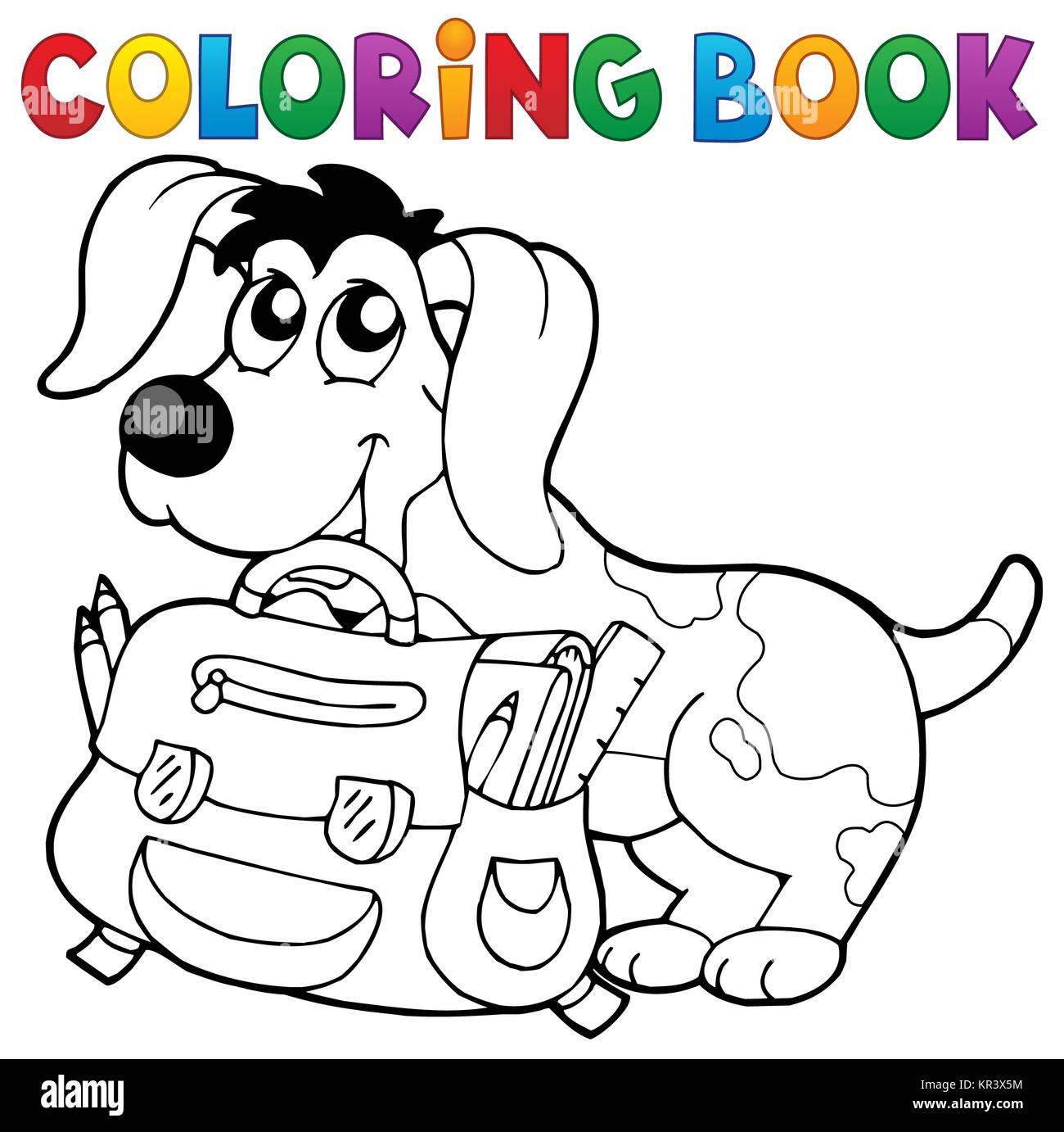 Libro da colorare cane con zainetto tema 2 Foto Stock