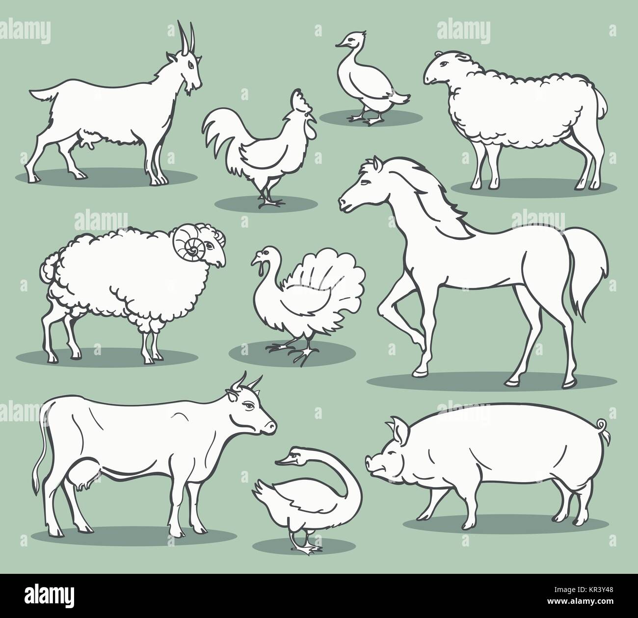 Gli animali della fattoria sketch. Bestiame doodle imposta illustrazione vettoriale come la Turchia e cavalli, pecore e pollo, di capra e di pecora Illustrazione Vettoriale