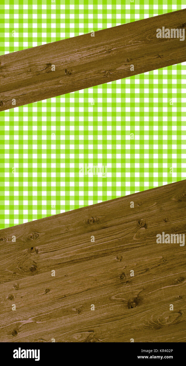 Hochkant Hintergrund mit Karomuster in grün und weiß und Holzbrettern als Hintergrund für testo Foto Stock