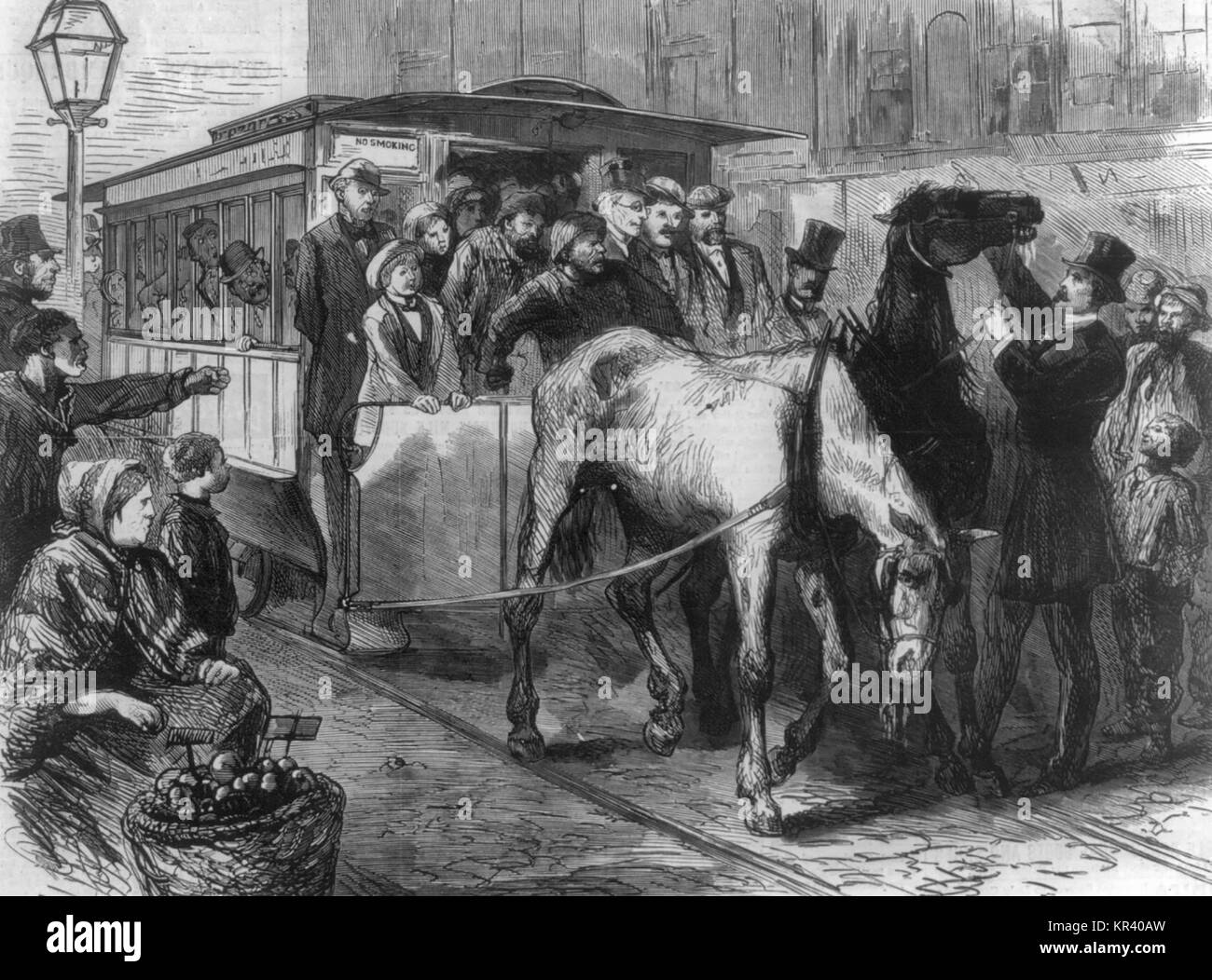 Le affollate auto - Coppia di cavalli non riesce a tirare affollata strada auto a New York City, 1872 Foto Stock