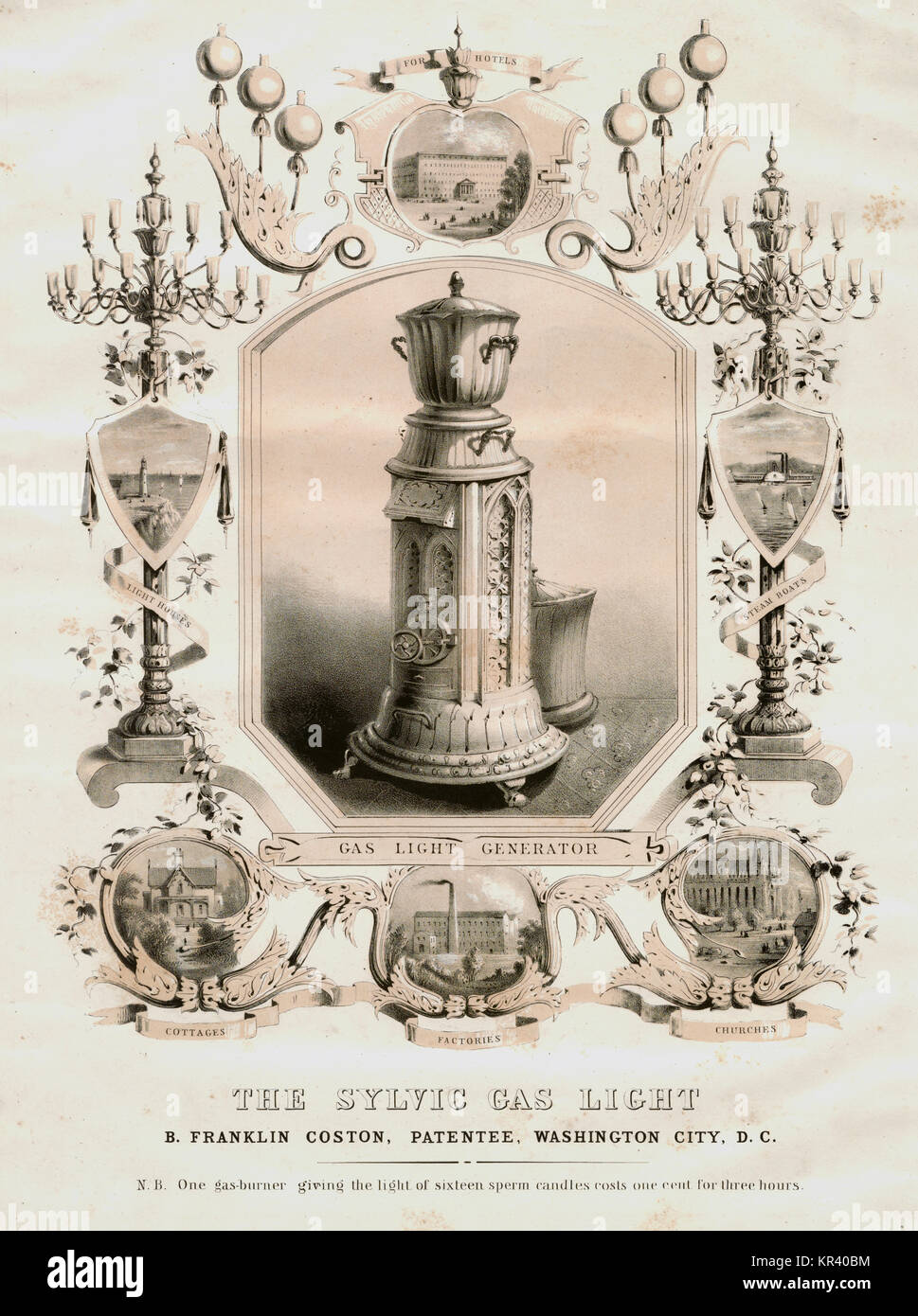 Il sylvic gas light B. Franklin PIZZO DEGLI UCCELLI, titolare, città di Washington, D.C. - Un gas-bruciatore dando alla luce di sedici candele di sperma costi un centesimo per tre ore. Foto Stock