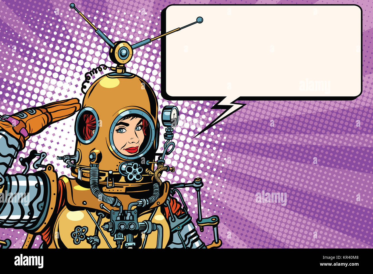 Retrò donna astronauta saluta close up Foto Stock
