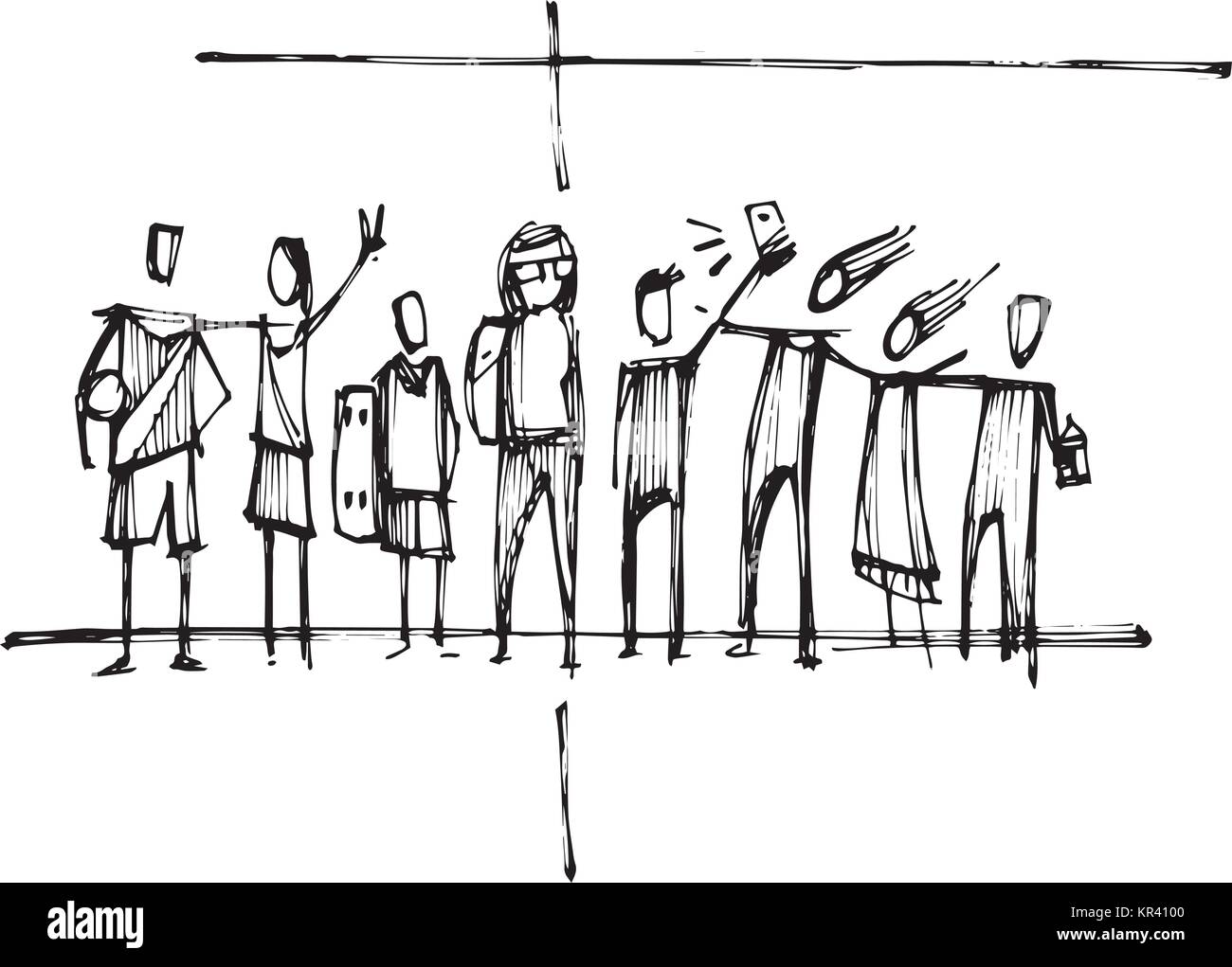 Disegnata a mano illustrazione vettoriale o di disegno di un religioso croce cristiana con giovani sagome Illustrazione Vettoriale