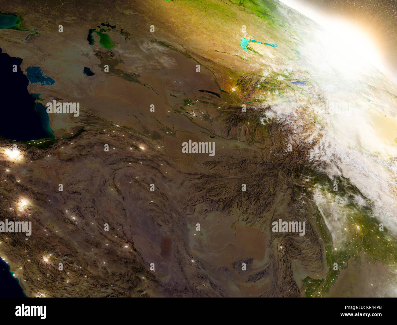 Asia centrale dallo spazio durante il sunrise Foto Stock