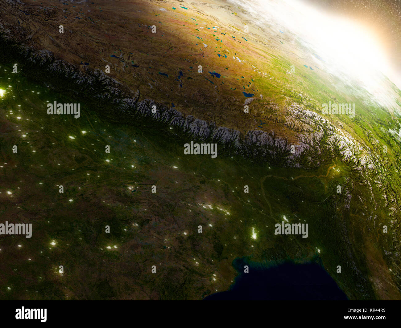 Il Nepal e il Bhutan dallo spazio durante il sunrise Foto Stock