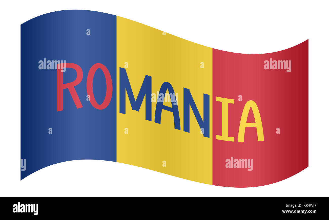 Bandiera rumena che ondeggia con parola Romania su bianco Foto Stock