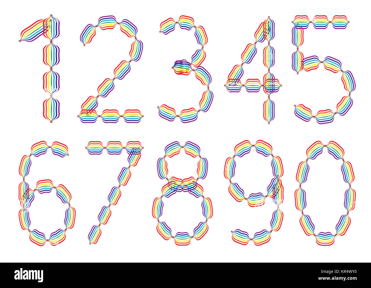 Set di dieci numeri realizzati nei colori dell'arcobaleno Foto Stock