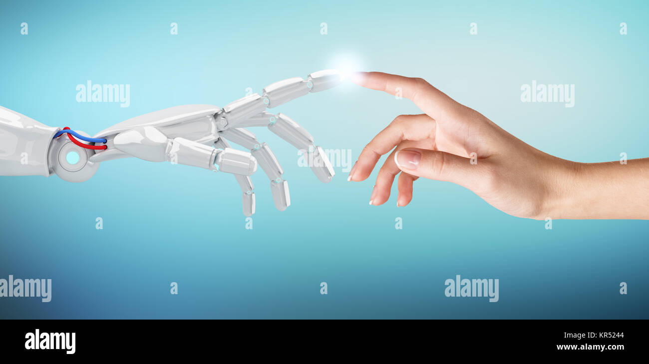 Mano umana toccando un androide mano. Foto Stock