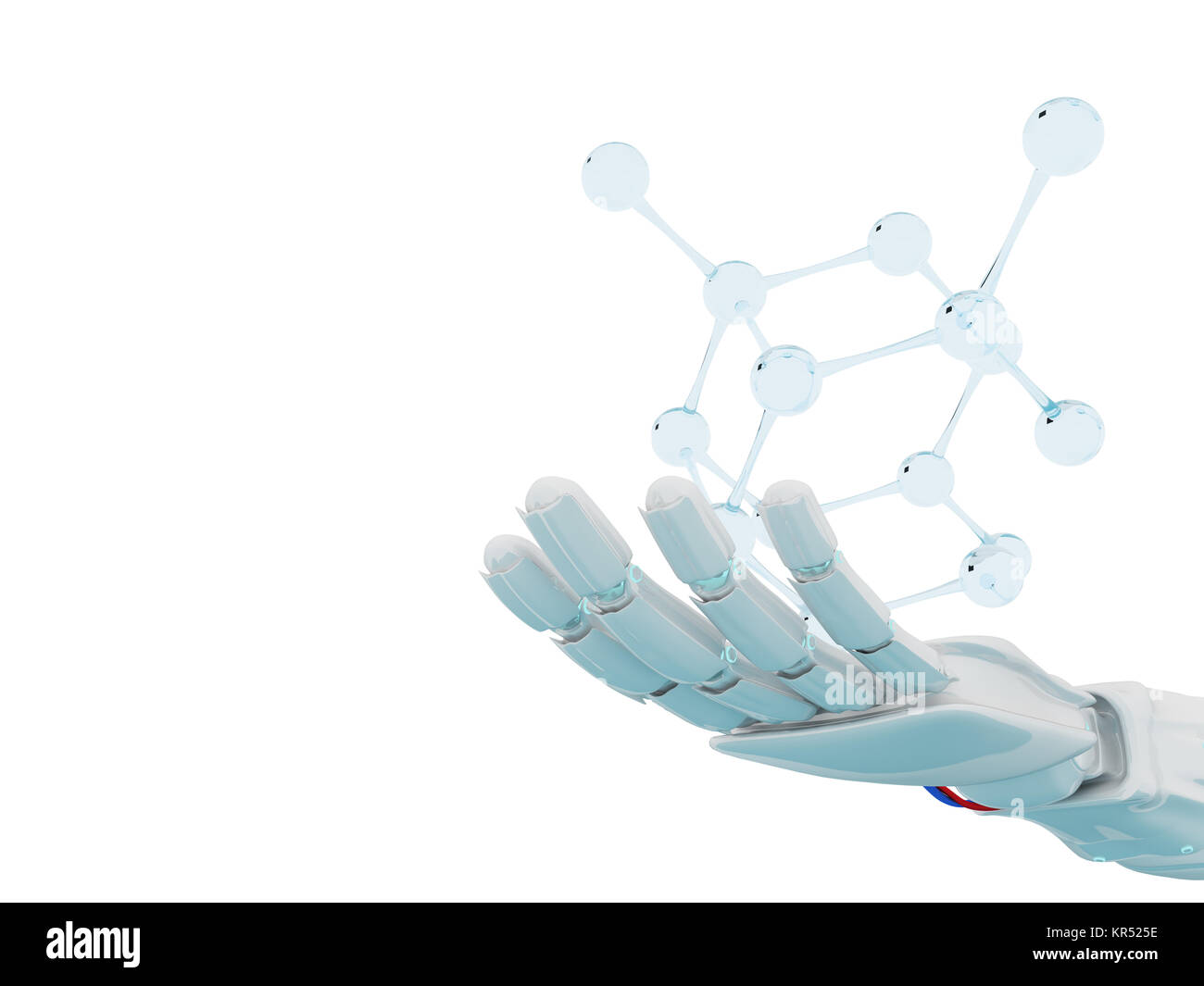 Robot bianco mano molecola presente formula. Foto Stock