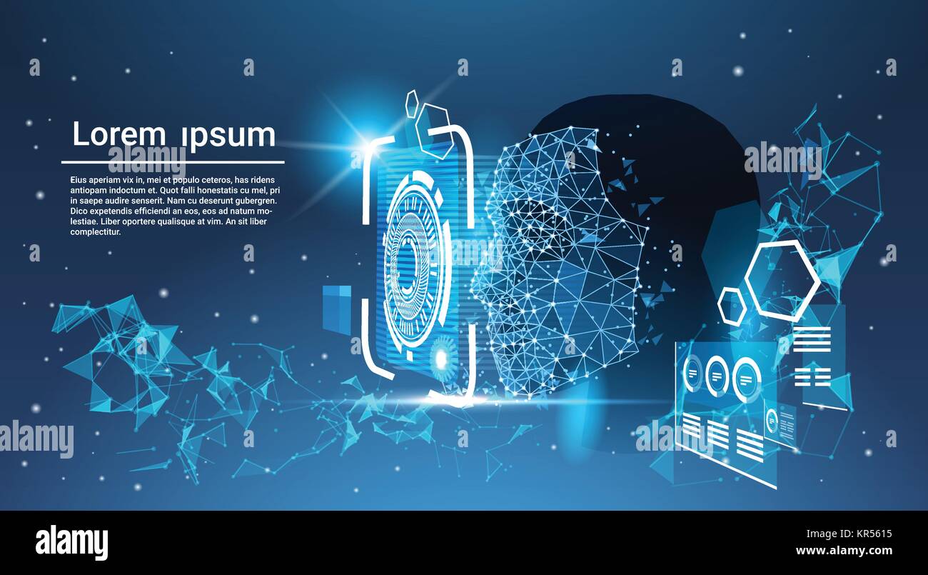 Sistema di riconoscimento facciale concetto poligono basso volto umano di scansione modello blu sfondo con spazio di copia Illustrazione Vettoriale