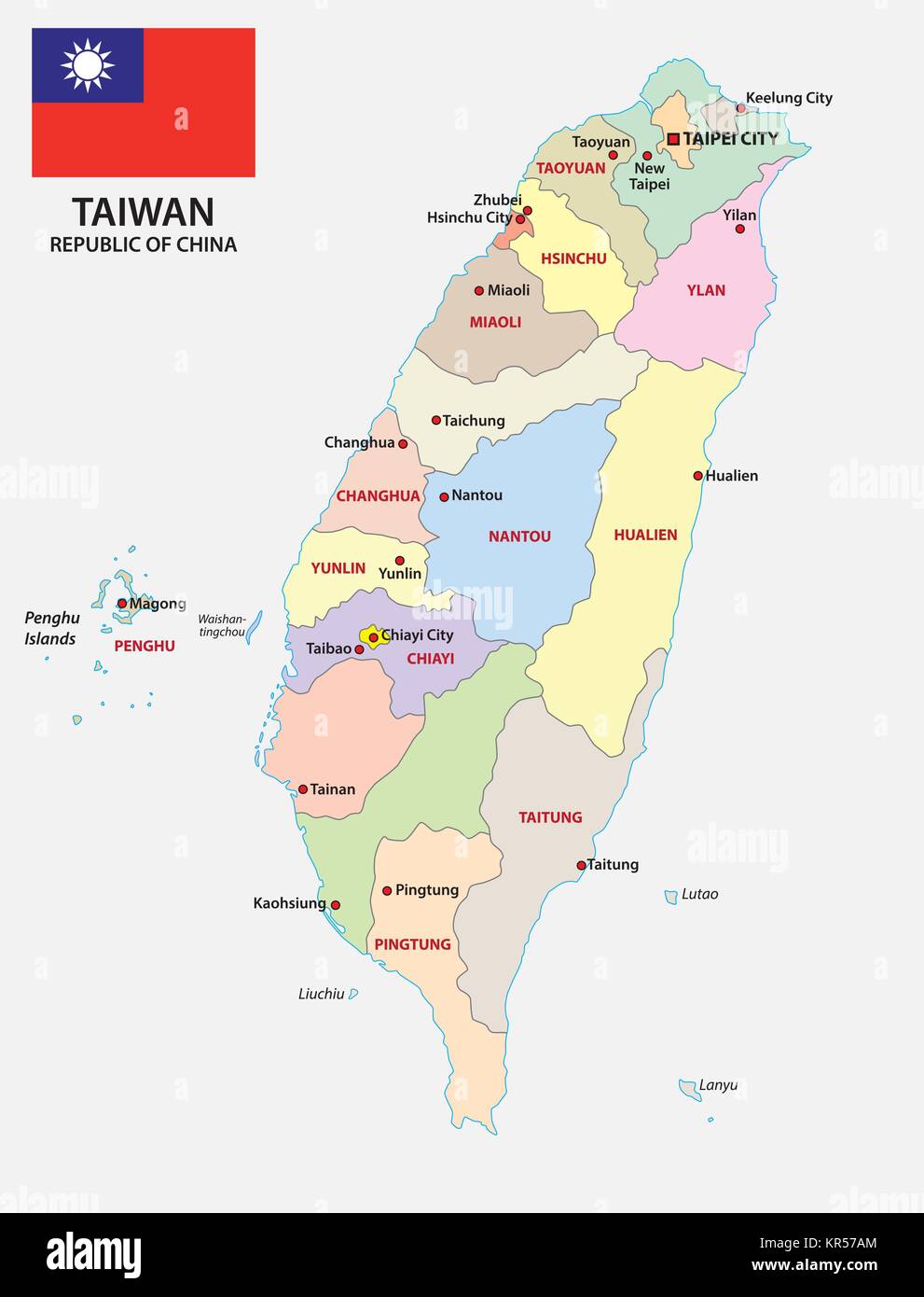 Taiwan administrativ e politico mappa vettoriale con bandiera Illustrazione Vettoriale