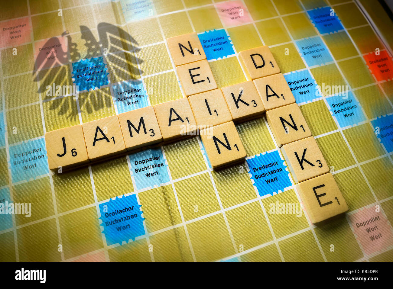 Le lettere formano le parole in Giamaica, no e grazie, foto simbolico per il fallimento dei colloqui di Giamaica, Buchstaben bilden die Wörter Jamaika, nein und dan Foto Stock