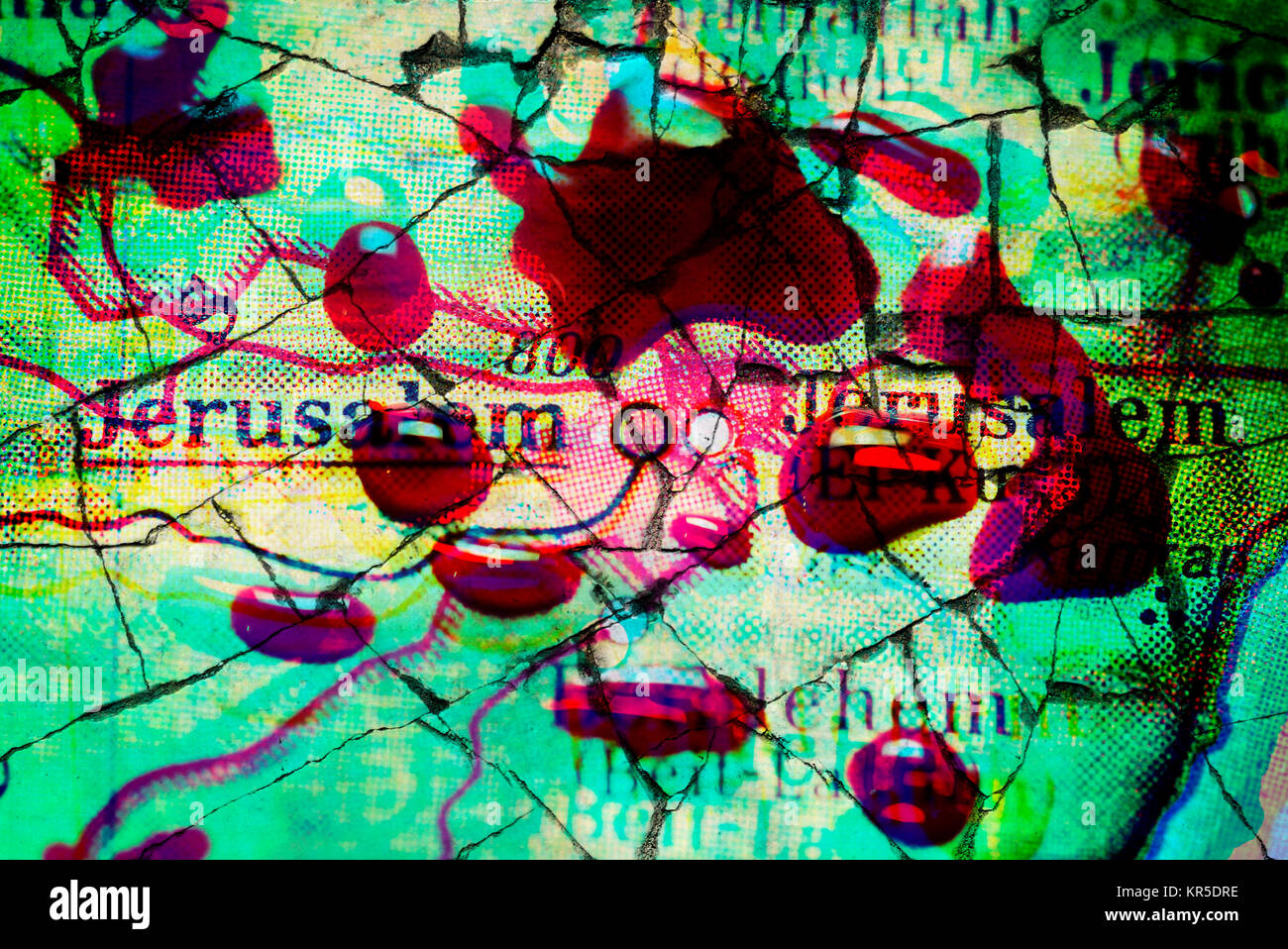 Gerusalemme su una mappa con la goccia di sangue, conflitto di Gerusalemme, Gerusalemme auf einer Landkarte mit Blutstropfen, Jerusalem-Konflikt Foto Stock
