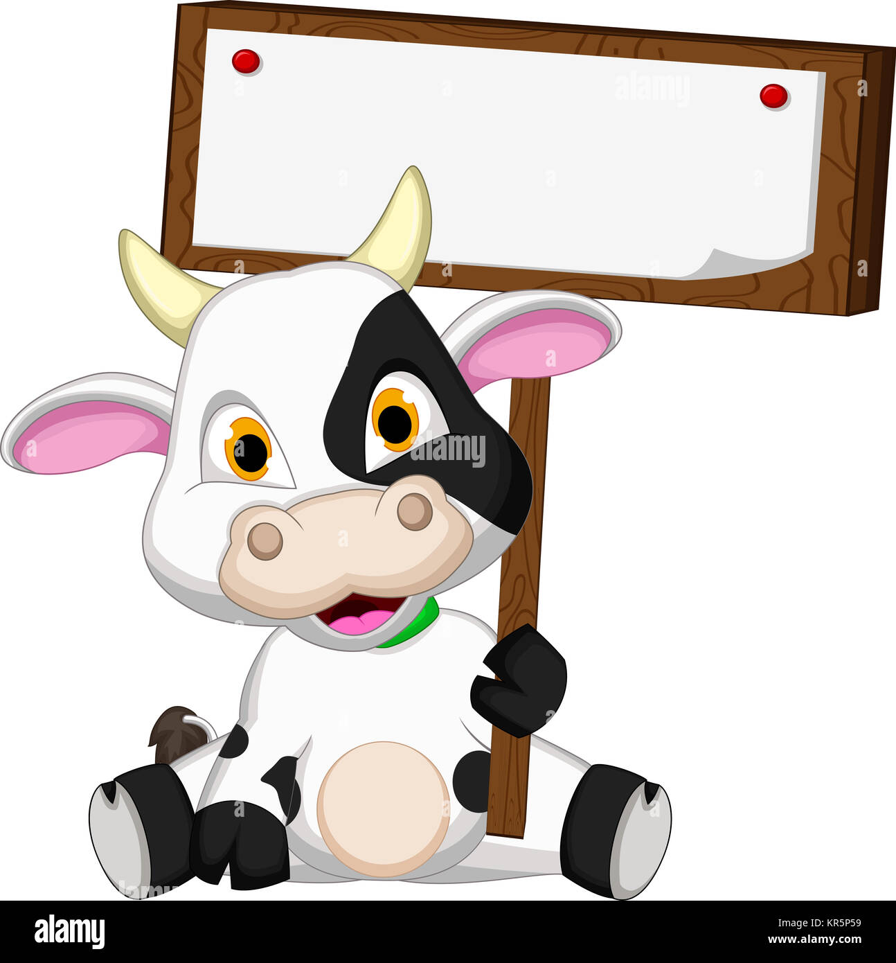 Simpatico cartoon mucca seduta con segno vuoto Foto stock - Alamy