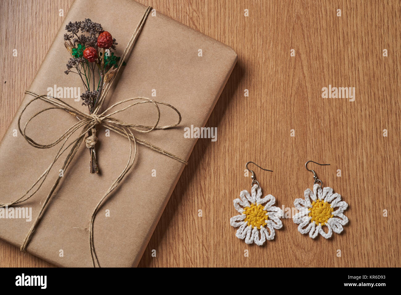 Il libro è avvolto in carta marrone, legata con filo di carta giacente sul piano portapaziente con una coppia di tessuti lavorati a maglia daisy-come orecchini che giace accanto ad essa. Foto Stock