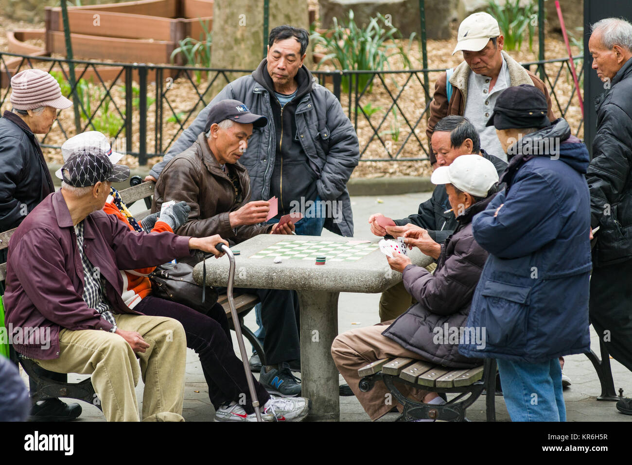 Anziani locali uomini cinesi la riproduzione di giochi di carte in Columbus Park, Manhattan, New York, Stati Uniti d'America Foto Stock