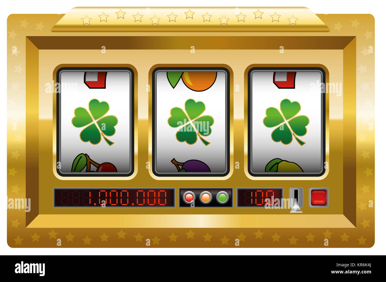 Slot machine con tre Lucky Clover icone - simbolo di buona fortuna e successo e vincere il jackpot. Foto Stock