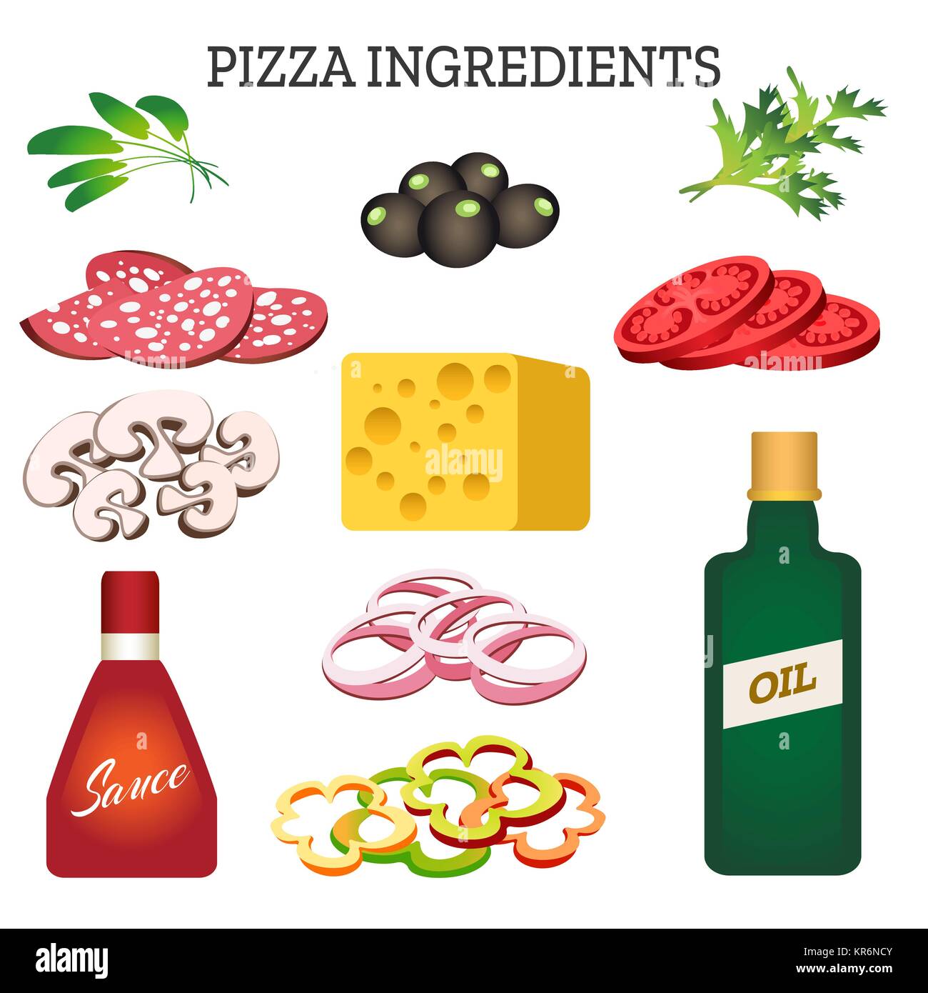 Set di diversi ingredienti per pizza. Illustrazione Vettoriale. Illustrazione Vettoriale