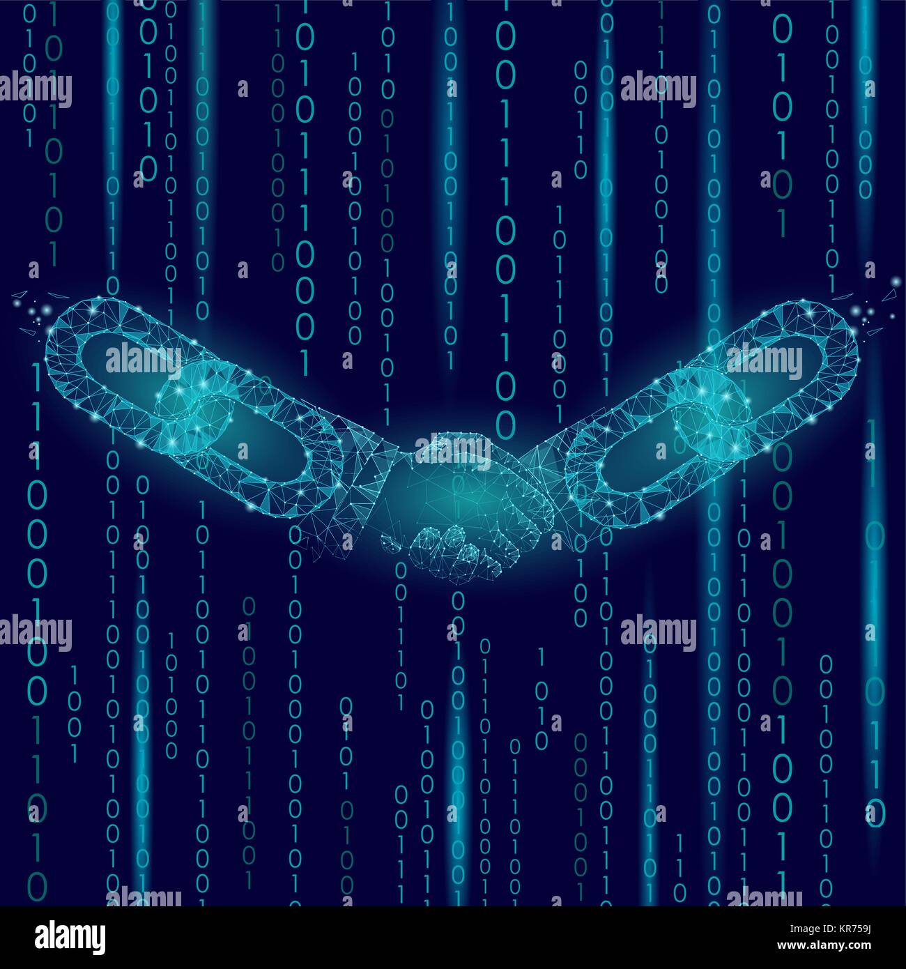 Stretta di mano bassa poli. Blockchain tecnologia internet di e-commerce business accordo incontro di partenariato. Geometriche poligonali a mano delle particelle. Innovazione futuro codice binario sfondo illustrazione vettoriale Illustrazione Vettoriale