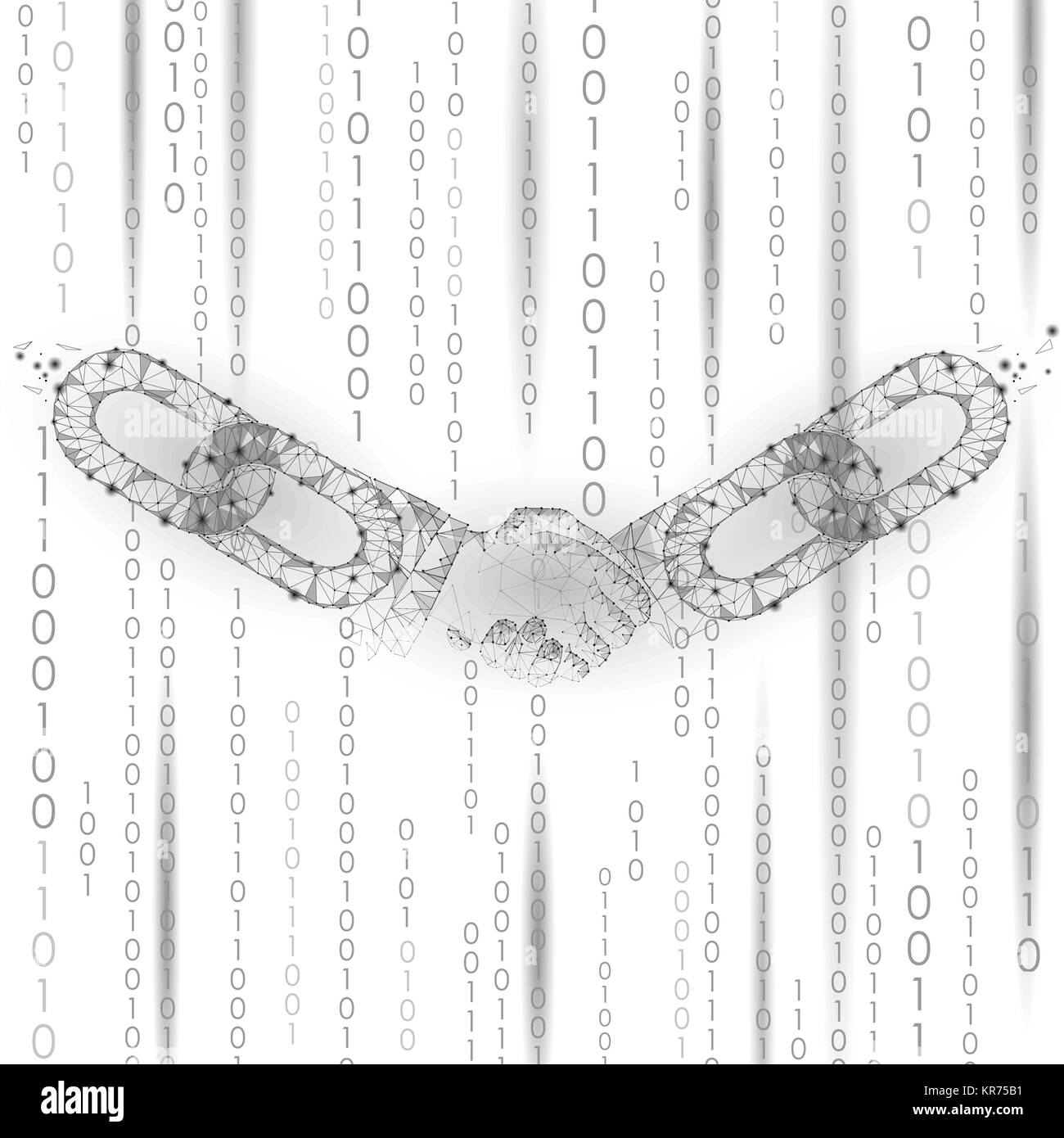 Stretta di mano bassa poli. Blockchain tecnologia internet di e-commerce business accordo incontro di partenariato. Geometriche poligonali a mano delle particelle. Innovazione futuro codice binario sfondo illustrazione vettoriale Illustrazione Vettoriale