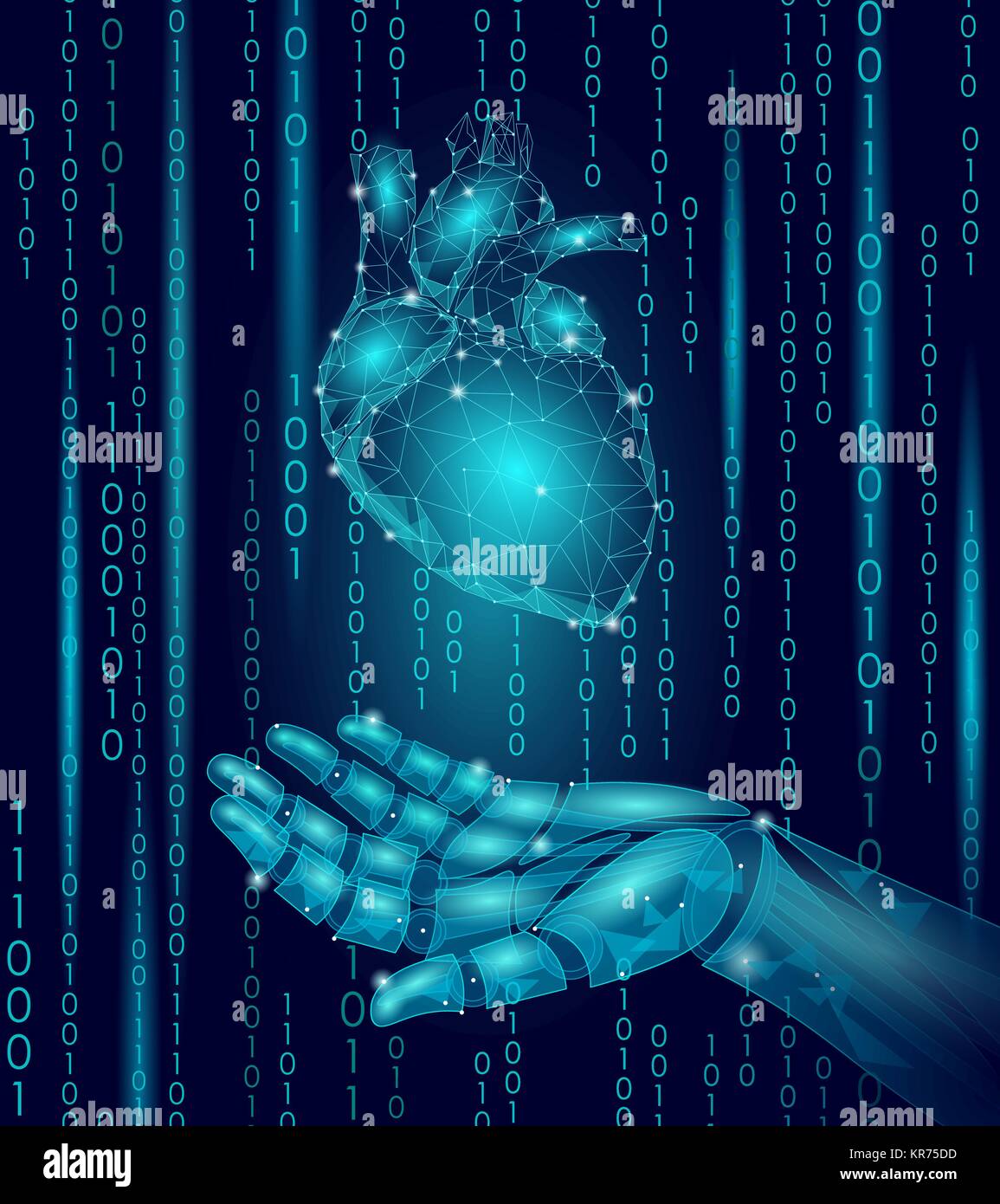 Cuore umano robot androide mano bassa poli. Poligonale particellare geometrico design. Innovazione della tecnologia di medicina futuro medico umanoide codice binario sfondo illustrazione vettoriale Illustrazione Vettoriale